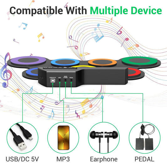NexAthlet™ 7-Pad Roll-Up Electronic Drum Kit for Kids — Portable Drum Pad with Headphones, Sticks & Foot Pedals