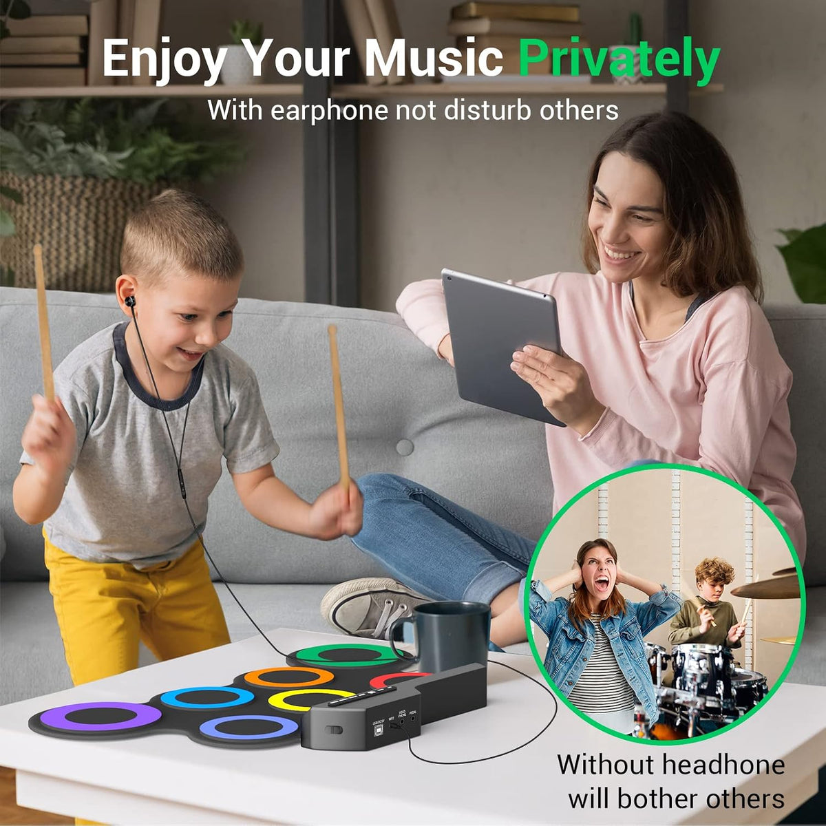 NexAthlet™ 7-Pad Roll-Up Electronic Drum Kit for Kids — Portable Drum Pad with Headphones, Sticks & Foot Pedals