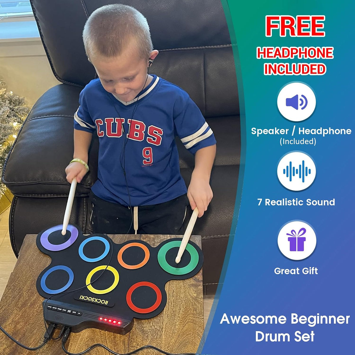 NexAthlet™ 7-Pad Roll-Up Electronic Drum Kit for Kids — Portable Drum Pad with Headphones, Sticks & Foot Pedals